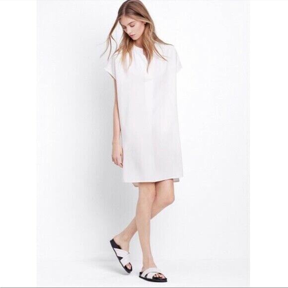 Vince cream popover shift dress short sleeve boxy tunic split neck spring summer - Picture 1 of 10